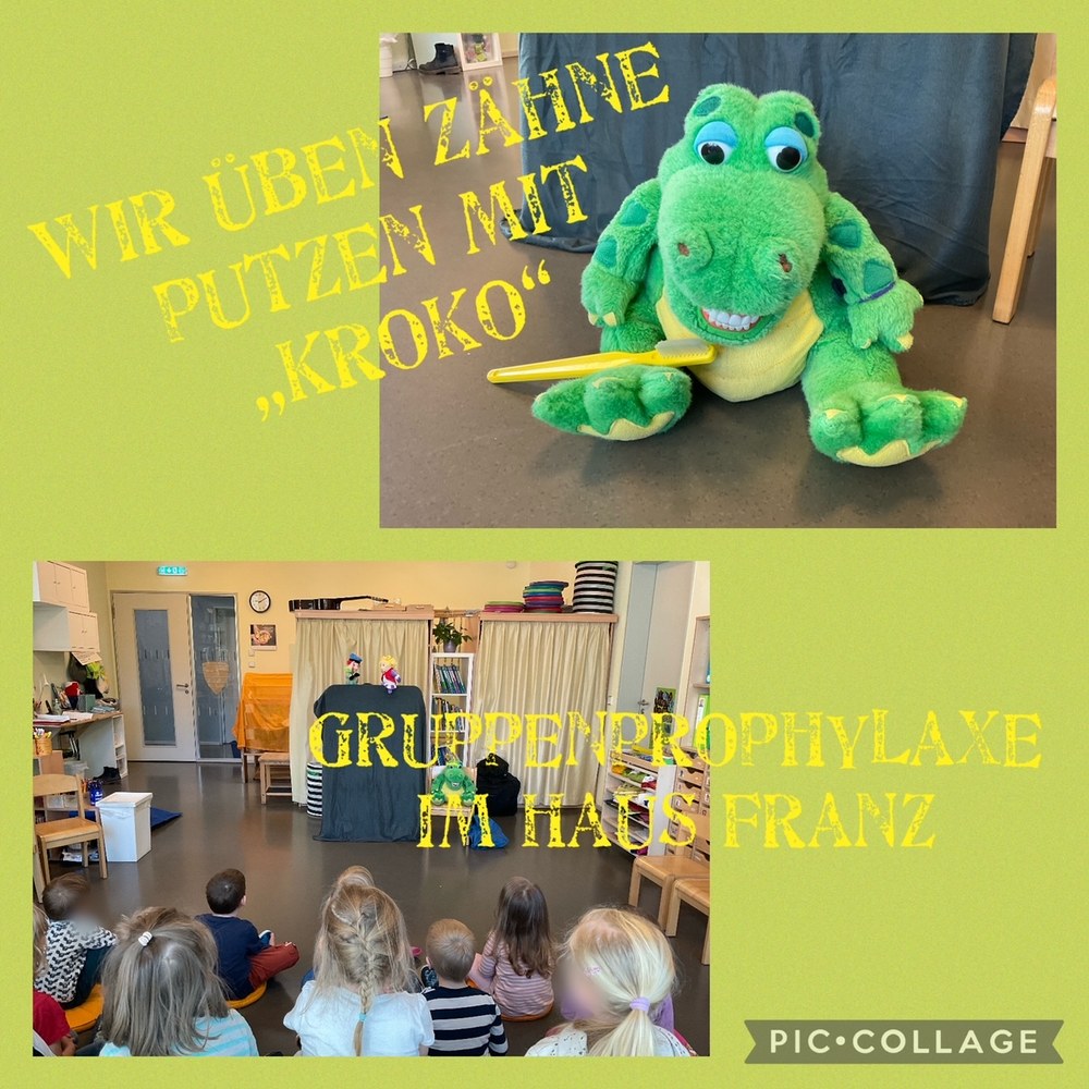 Kinder sitzen im Kreis und sehen Puppentheater zum Zähne putzen